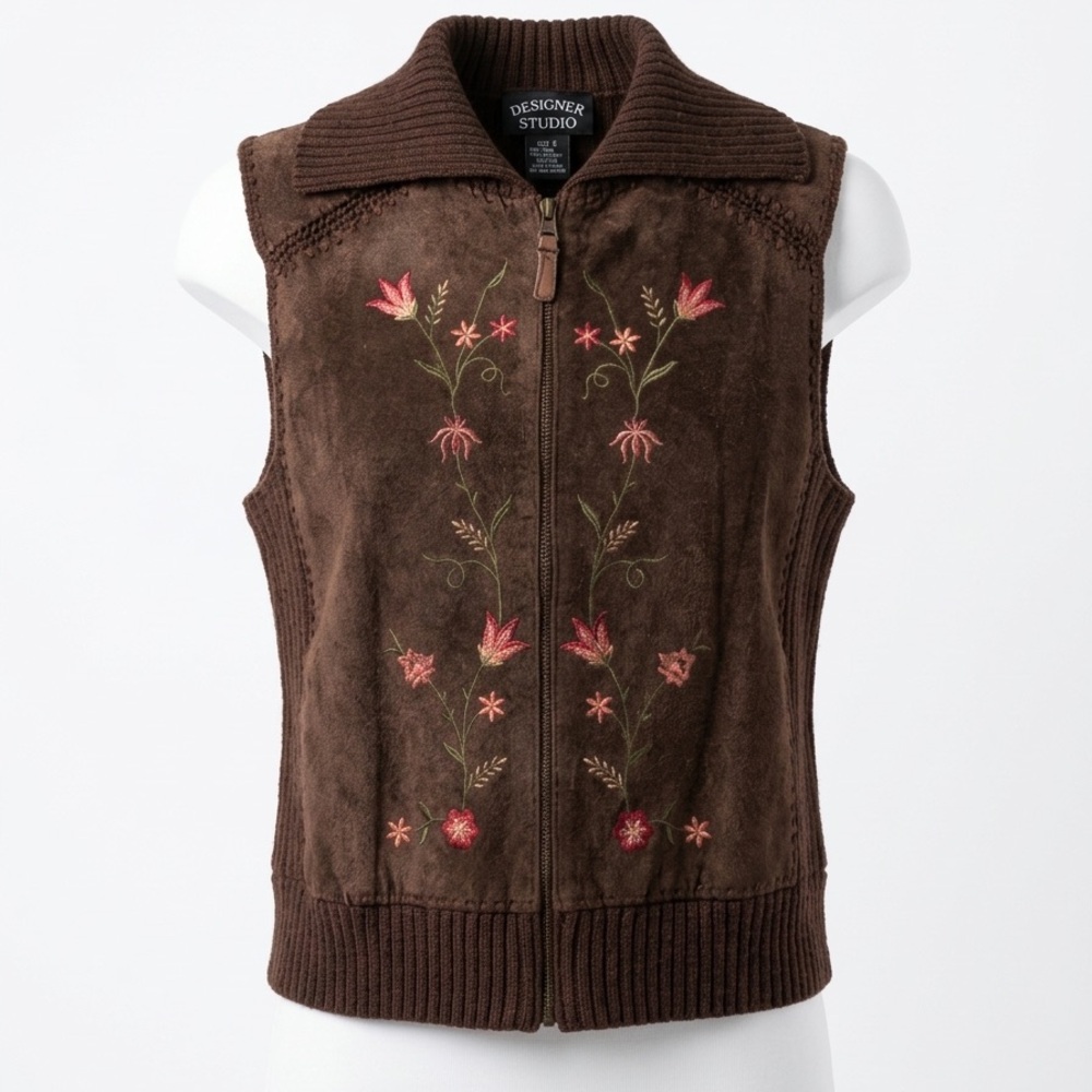 Vintage Folk Cottagecore Brown Leather/ Suede & Knit Floral Embroidered Vest M